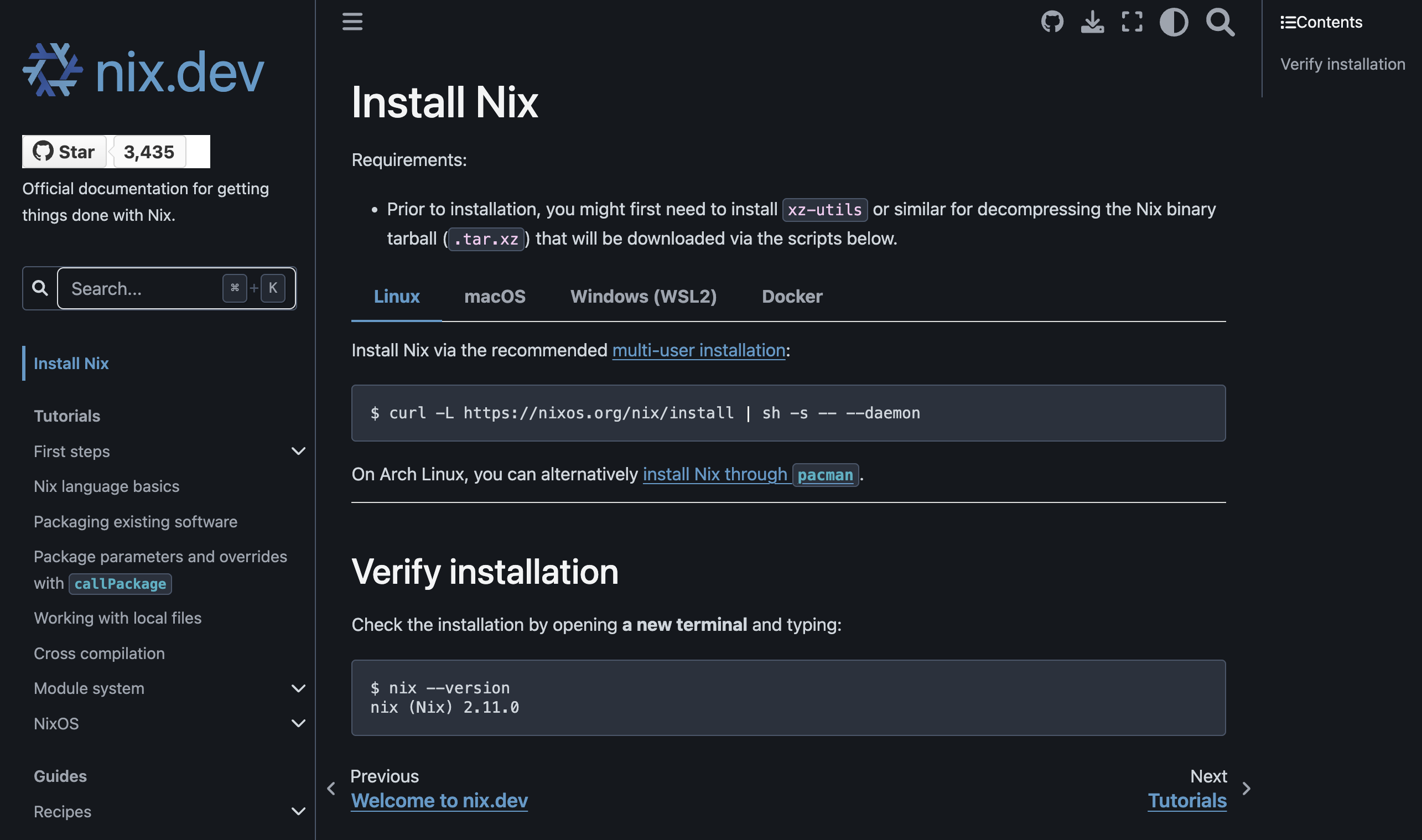 Nix install page